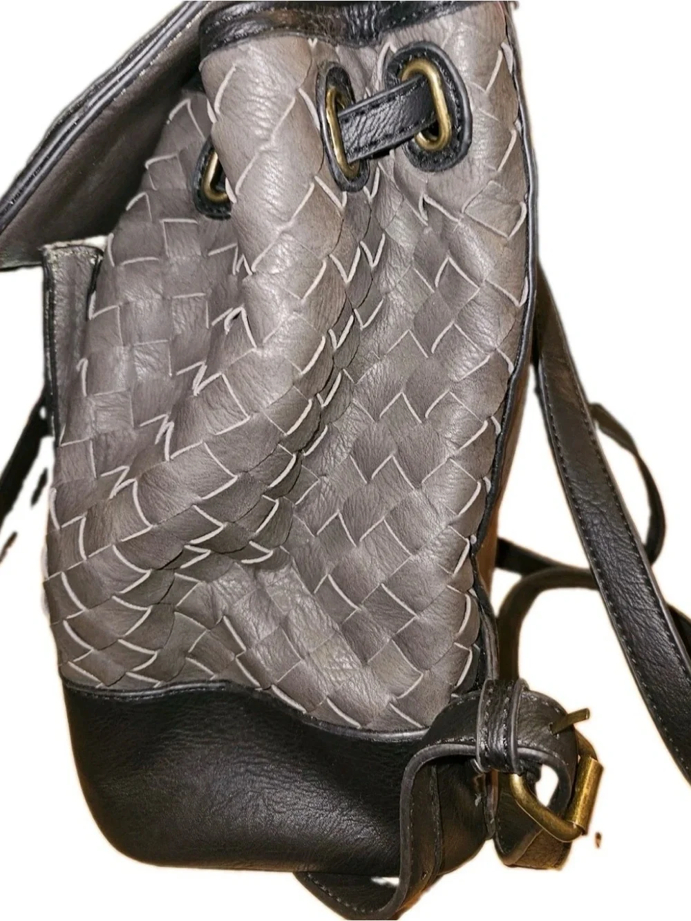 Simply Noelle Woven Backpack Purse Gray Black Boho Drawstring Shoulder Bag